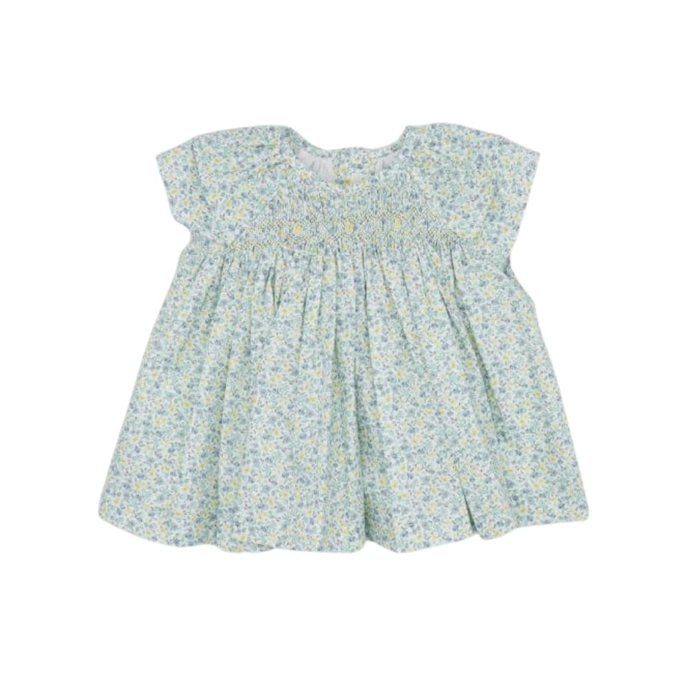 BLUE AND YELLOW FLOWER DRESS SMOCK DOT AND DOUBLE RUFFLED