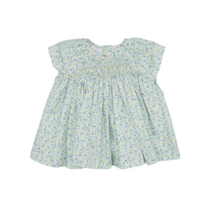 Blue And Yellow Flower Dress Smock Dot And Double Ruffled