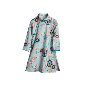 Long Sleeve CheongSam - Blue Floral Pattern