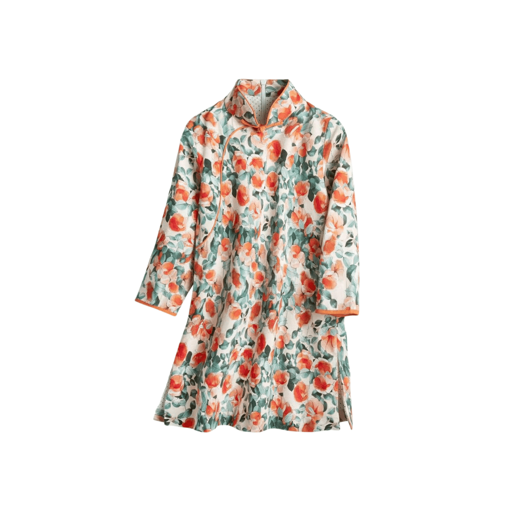 Long Sleeve CheongSam - New Orange Floral Pattern