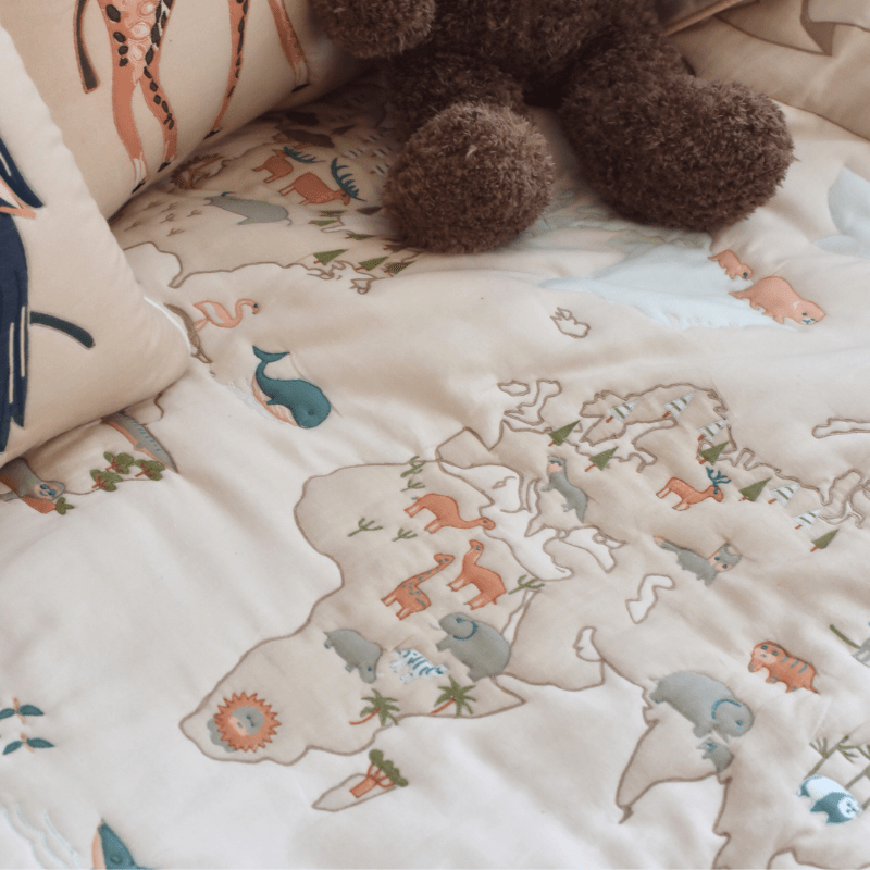 World Map - Cotton Quilted Duvet Cover and Pillowcase