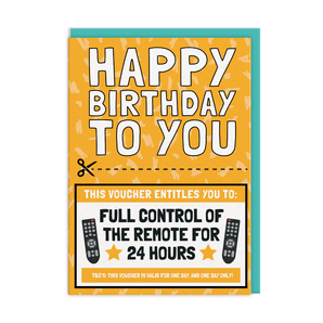 Control Of TV Remote Voucher Birthday Card - Bimbo Concept