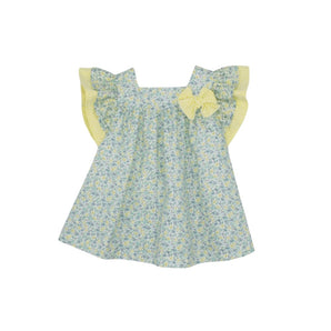 Poplin Dress With Blue And Yellow Flowers And Yellow Seersucker Details - Bimbo Concept