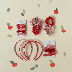 School Check and Satin Scrunchie Set Red - Bimbo Concept