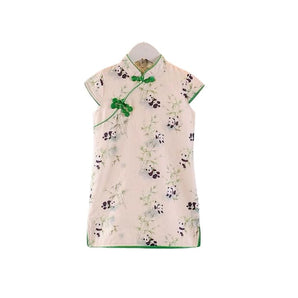 Short Sleeve CheongSam - Beige Bamboo Shoots Panda Pattern - Bimbo Concept