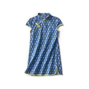 Short Sleeve CheongSam - Blue Seamless Floral - Bimbo Concept