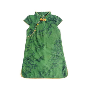 Short Sleeve CheongSam - Dark Olive Green Peony Pattern - Bimbo Concept