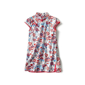 Short Sleeve CheongSam - Red and Blue Hot Balloon - Bimbo Concept