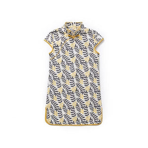 Short Sleeve CheongSam - Yellow Flower and Black Leave - Bimbo Concept
