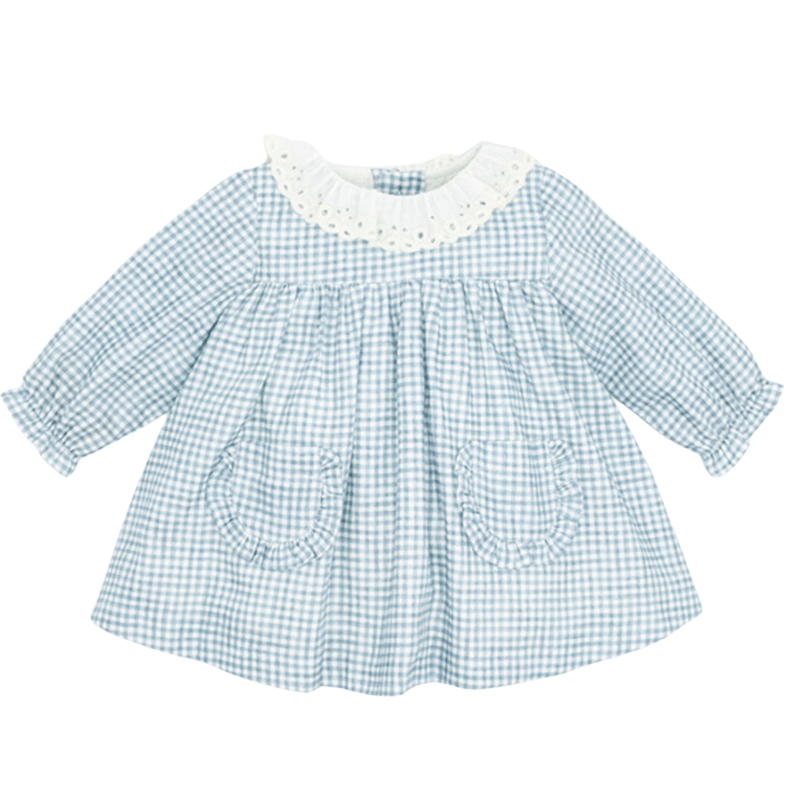 Villa Vichy Blue Baby Dress with Pockets and Embroidered Collar