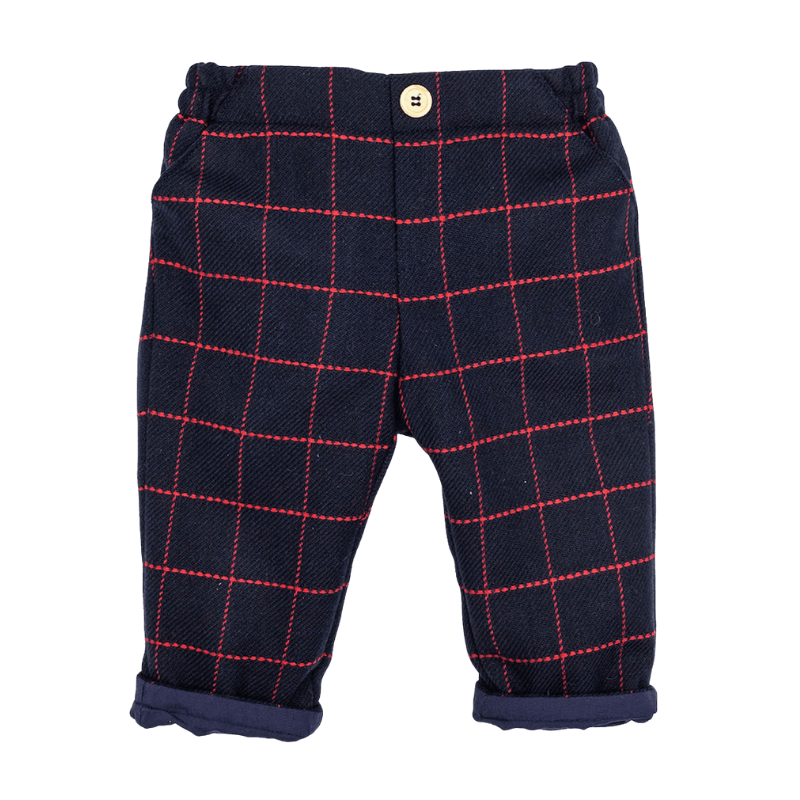 Navy Wool Trousers with Red Checks