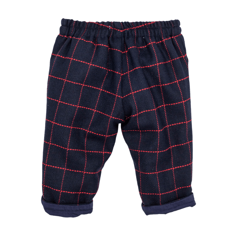 Navy Wool Trousers with Red Checks