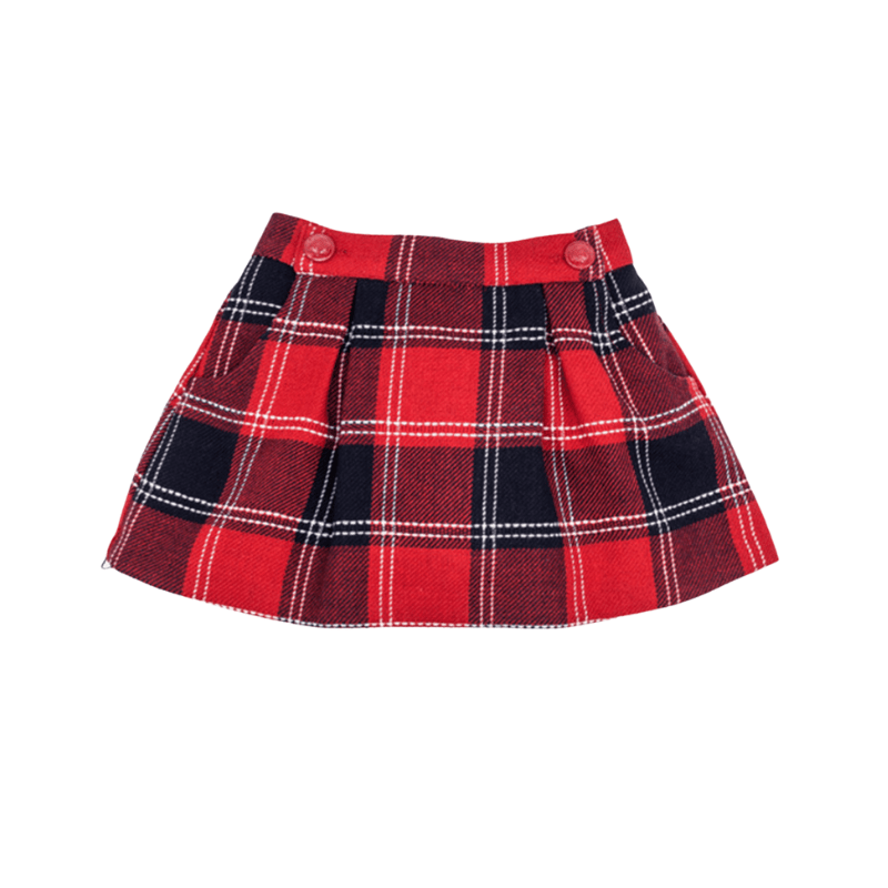 Red Metal Buttons Skirt Red Tartan and Navy