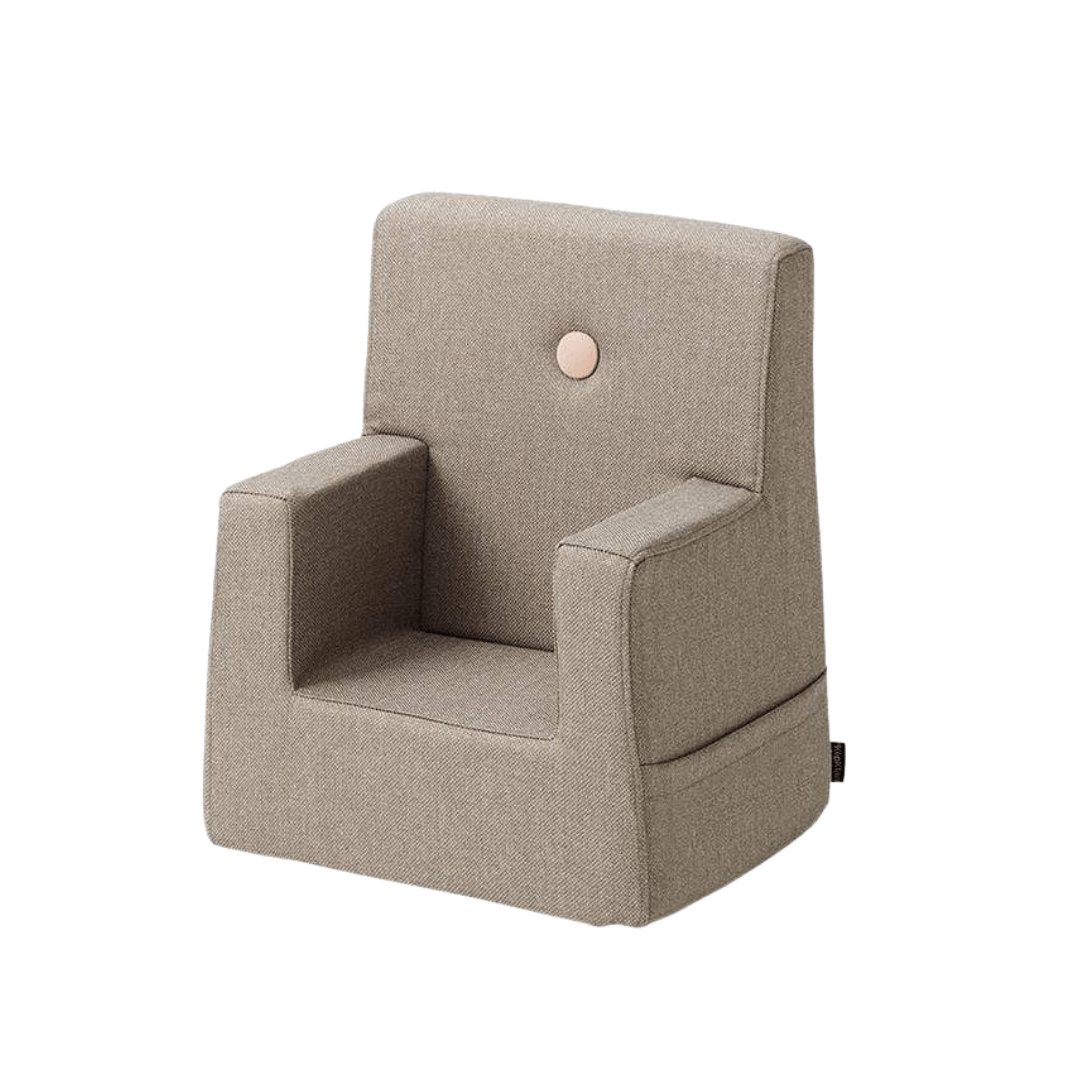 WARM GREY W. PEACH BUTTONS KID SOFA CHAIR