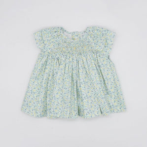 Blue And Yellow Flower Dress Smock Dot And Double Ruffled