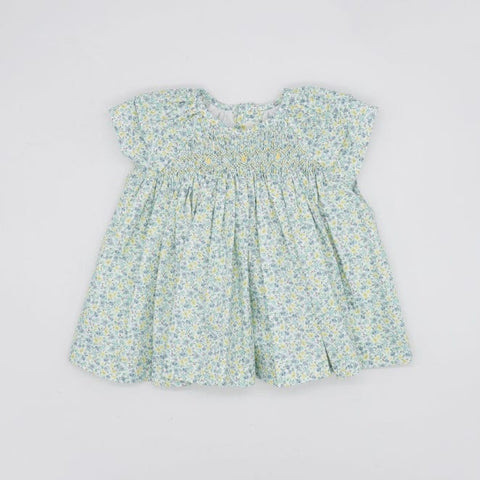 BLUE AND YELLOW FLOWER DRESS SMOCK DOT AND DOUBLE RUFFLED