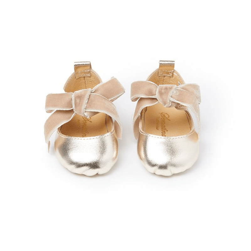 Fay Newborn Shoes - Platinum Leather / Beige Bow in Velvet