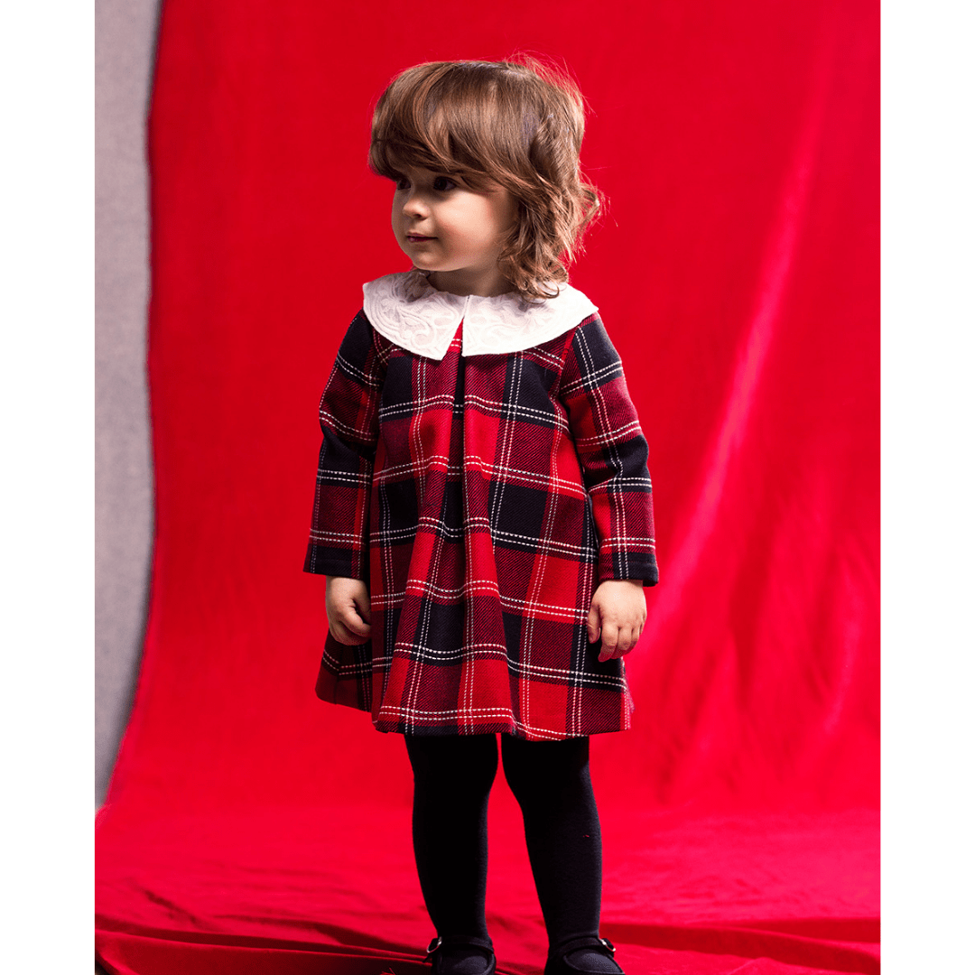 Red and Navy Tartan Mini Dress With Embroidered Collar