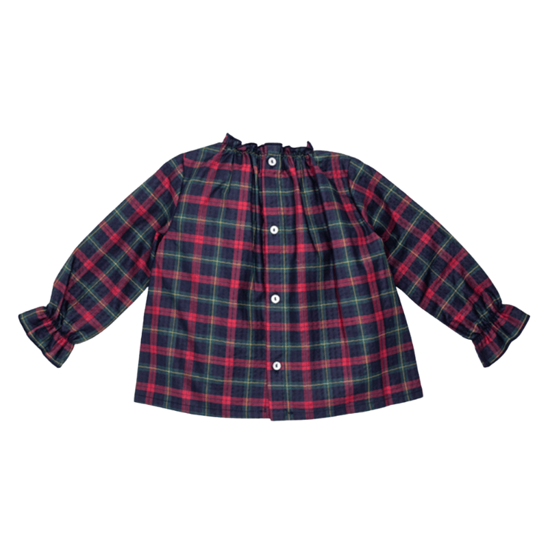 Elasticated Neckline Tartan Red and Navy Poplin Blouse