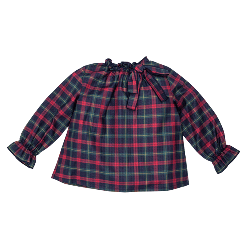 Elasticated Neckline Tartan Red and Navy Poplin Blouse