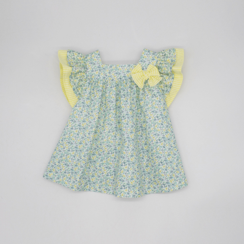 Poplin Dress With Blue And Yellow Flowers And Yellow Seersucker Details