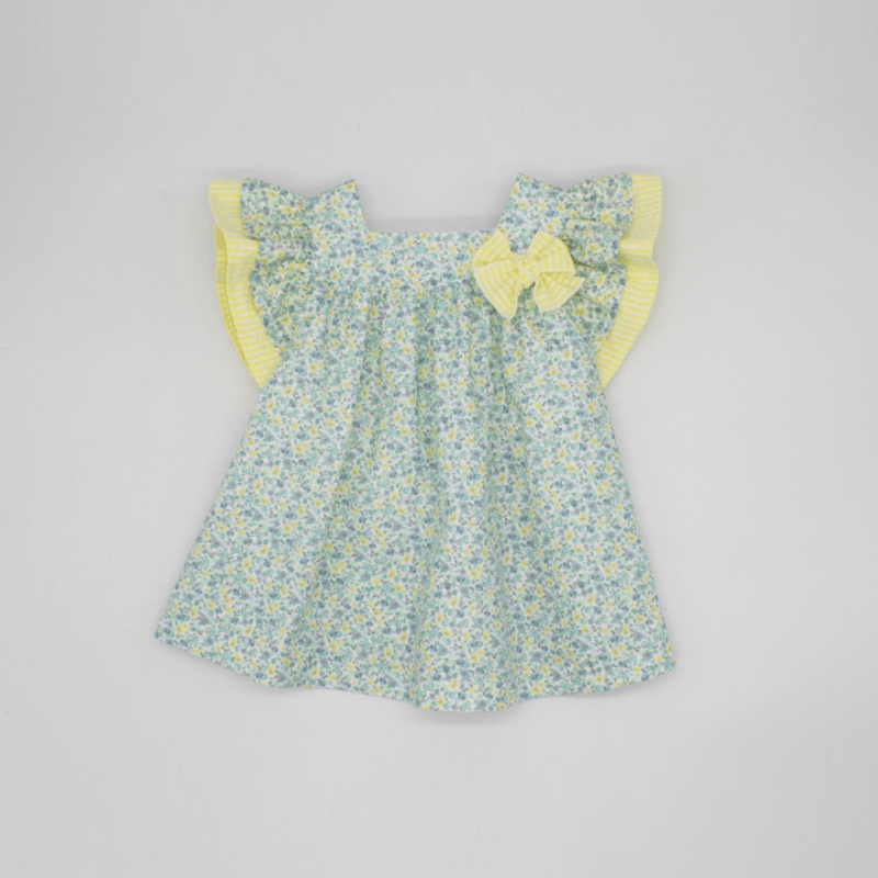 POPLIN DRESS WITH BLUE AND YELLOW FLOWERS AND YELLOW SEERSUCKER DETAILS