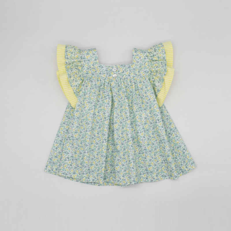 POPLIN DRESS WITH BLUE AND YELLOW FLOWERS AND YELLOW SEERSUCKER DETAILS