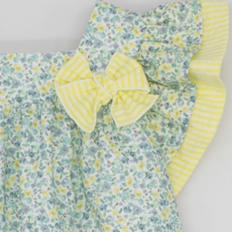 Poplin Dress With Blue And Yellow Flowers And Yellow Seersucker Details