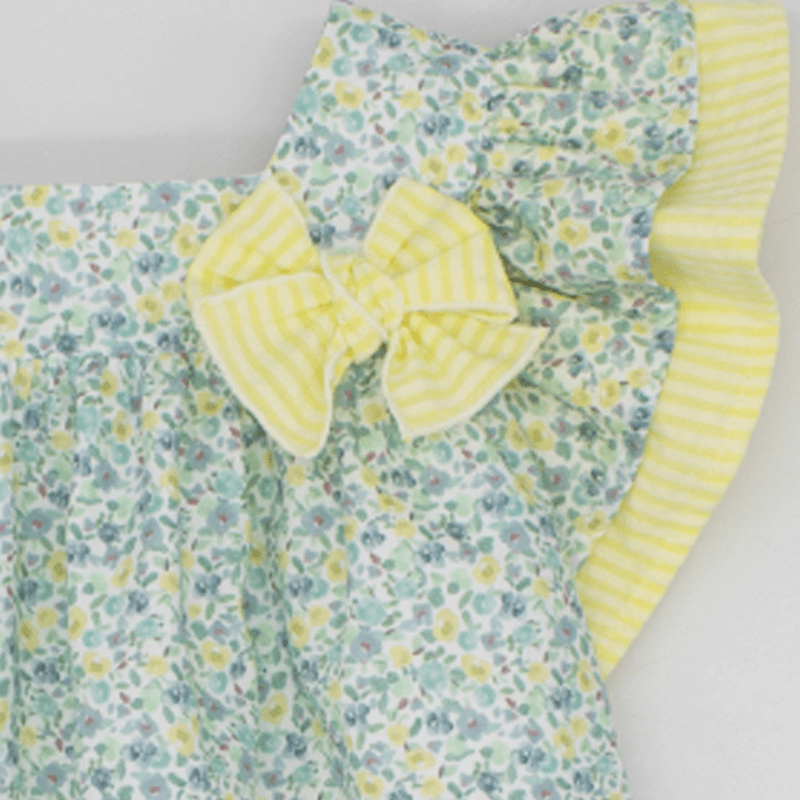 POPLIN DRESS WITH BLUE AND YELLOW FLOWERS AND YELLOW SEERSUCKER DETAILS