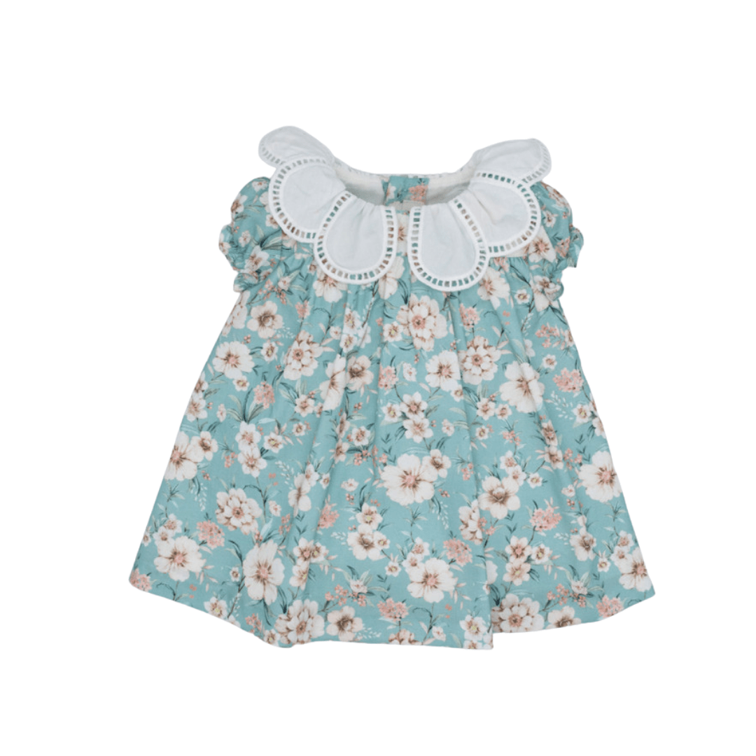Turquoise Flowers Poplin Embroidered Collar Mini Dress