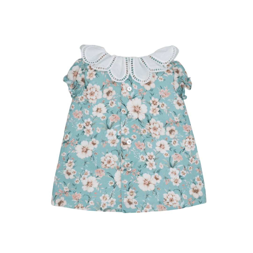 Turquoise Flowers Poplin Embroidered Collar Mini Dress