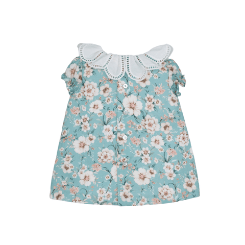 Turquoise Flowers Poplin Embroidered Collar Mini Dress