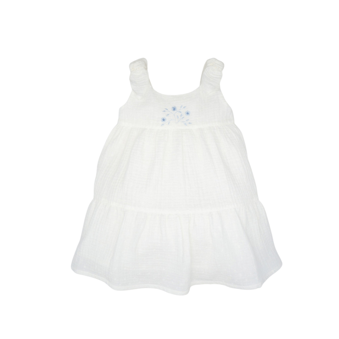 White Plumeti Chiffon Dress with Blue Embroidery