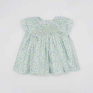 Blue And Yellow Flower Dress Smock Dot And Double Ruffled - Bimbo Concept