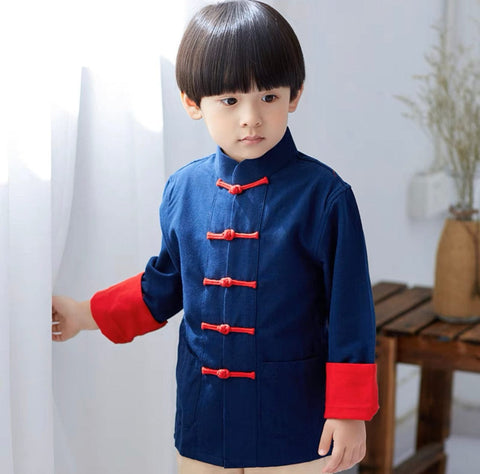 Blue Kung Fu Shirt  With Red Frong Button