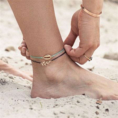 Cowrie Hemp Anklet - Gold Turquoise