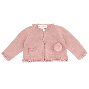 Merino Wool Knitted Cotton Cardigan Eco Fur Pom Pom - Bimbo Concept
