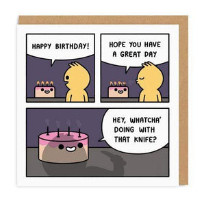 Whatcha Doing With That Knife? Square Greeting Card - Bimbo Concept